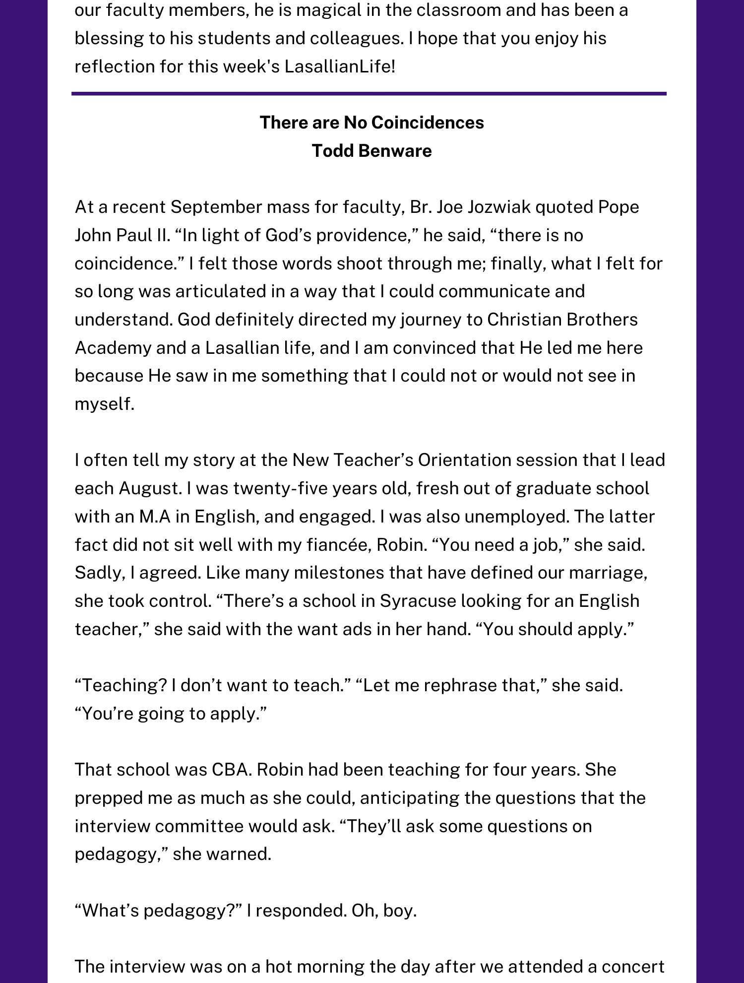 CBA Syracuse, NY teacher, Todd Benware, shares his story entitled "There are No Coincidences"