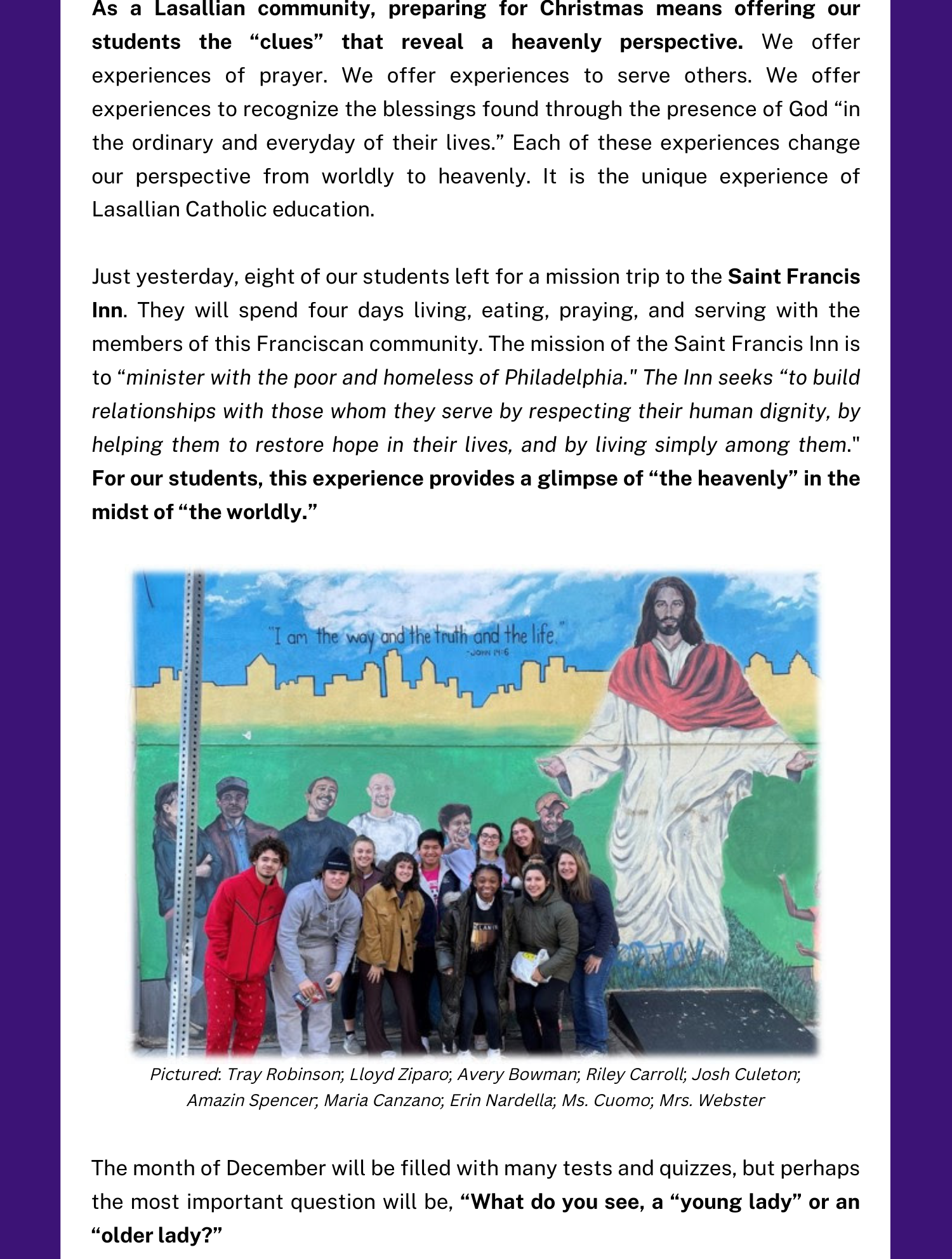 Christian Brothers Academy Private School in Syracuse, NY Students left for Mission Trip to Philadelphia to minister the poor and homeless