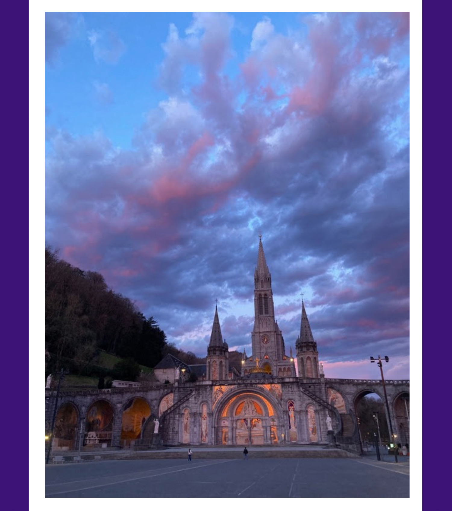 Christian Brothers Academy in Syracuse, NY alumni visits Lourdes. Beautiful Sky over the Sanctuary of Our Lady of Lourdes.