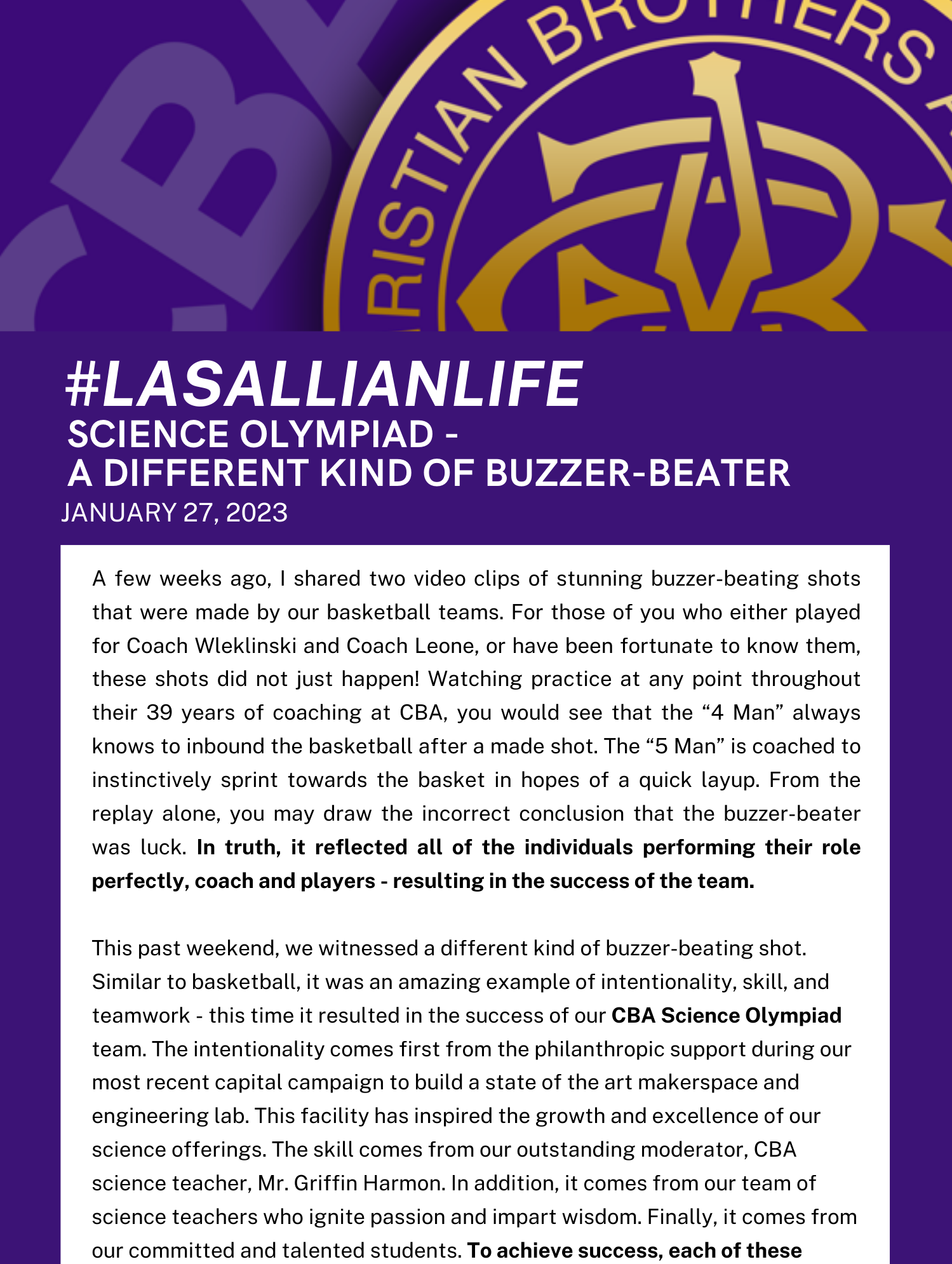#LasallianLife - Christian Brothers Academy President talks about sports and academic buzzer-beaters