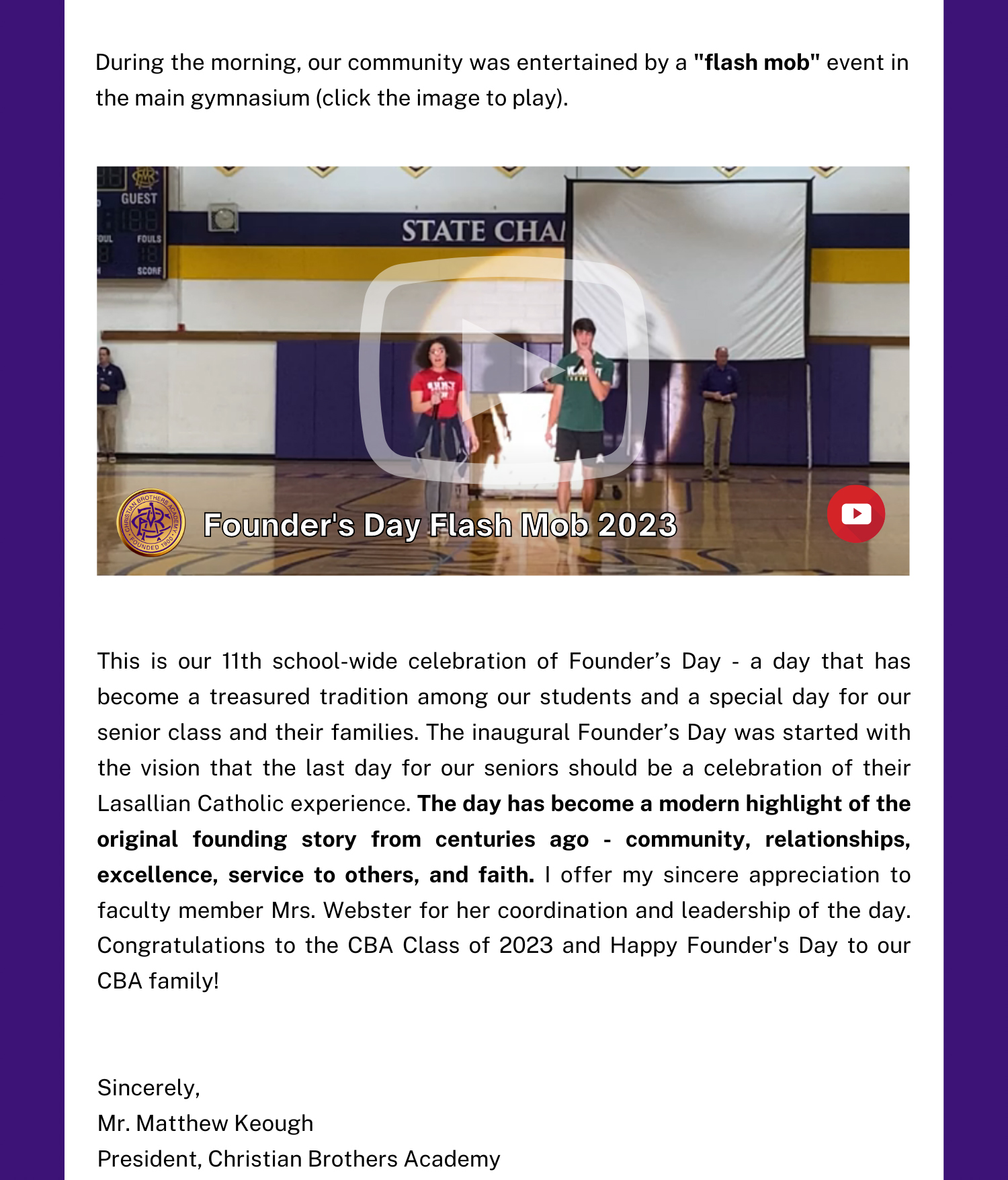 Christian Brothers Academy in Syracuse, NY celebrates Founders Day!