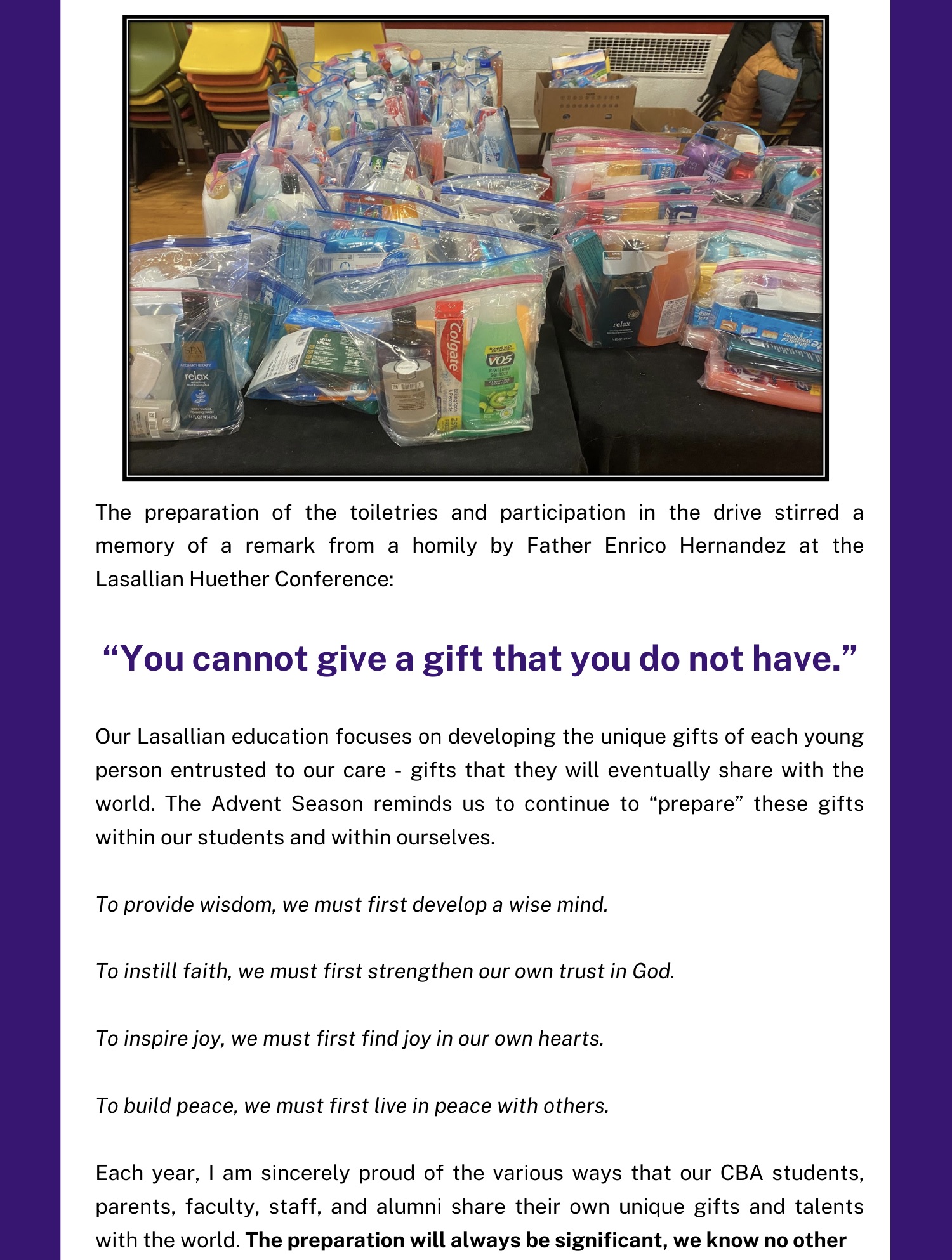 Christians Brothers Acadamy provides toiletries for less fortunate