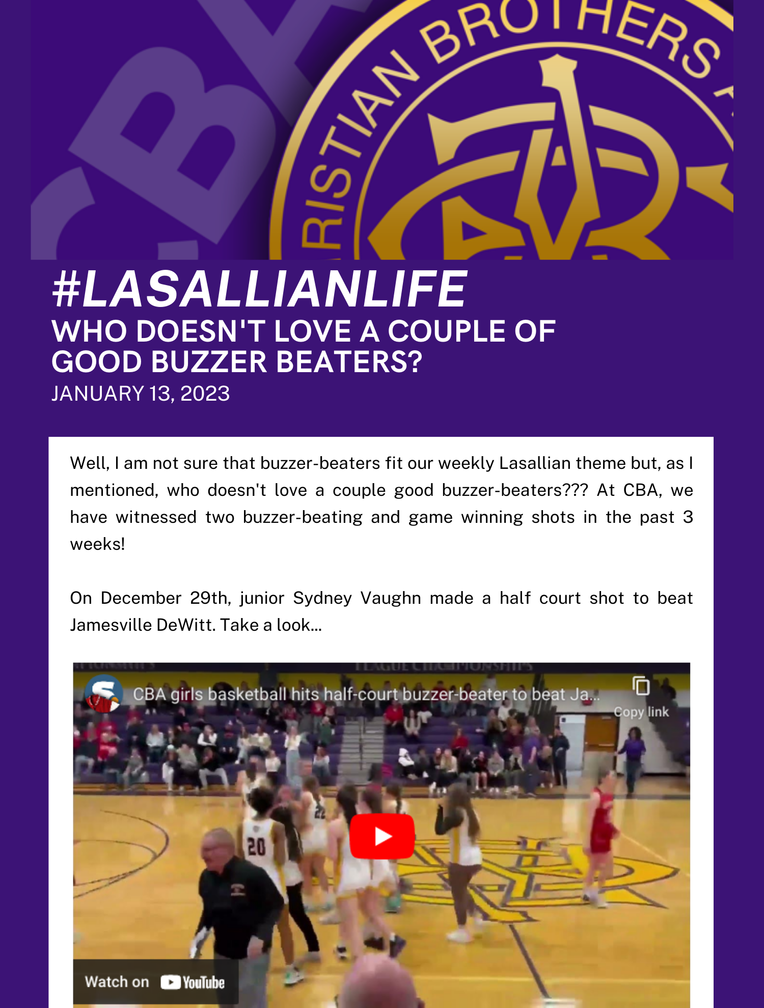 Christian Brothers Academy Girls Varsity Basketball Junior makes half court shot at buzzer!