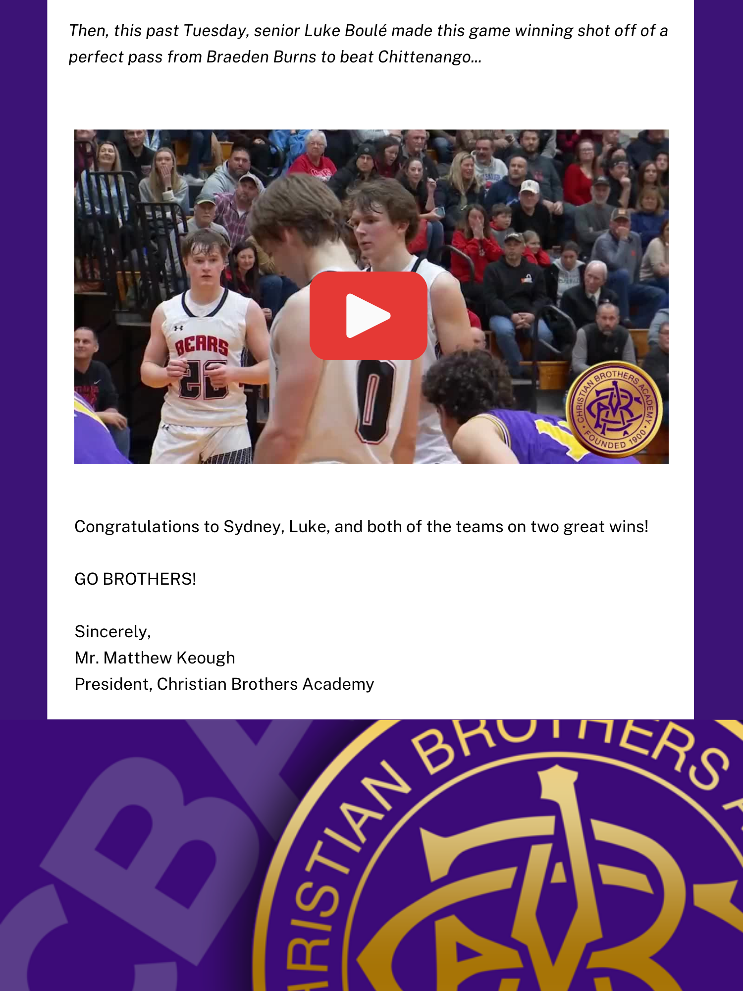 Christian Brothers Academy Boys Varsity Basketball Senior makes shot at the buzzer!