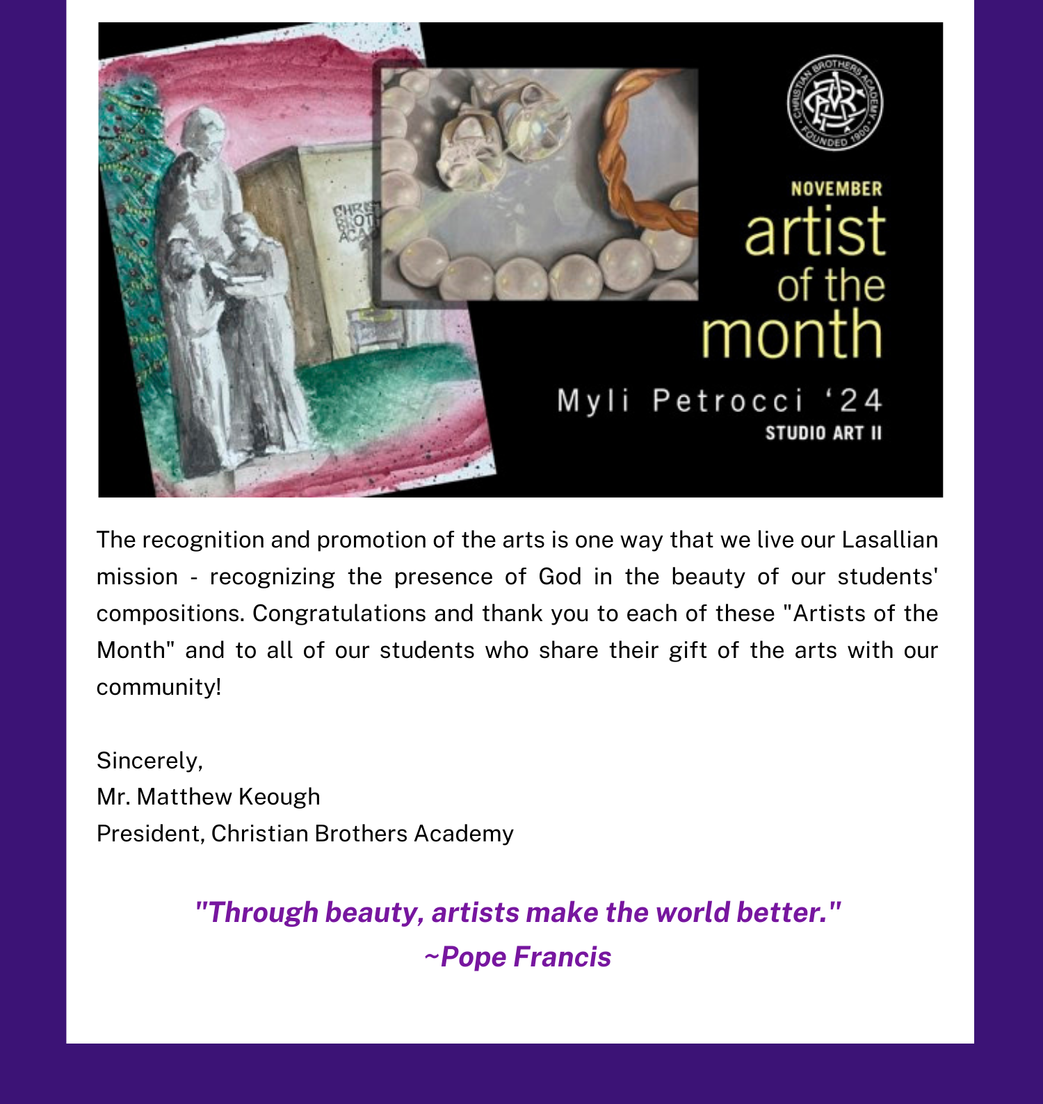 Christian Brothers Academy Myli Petrocci November Artist of the Month