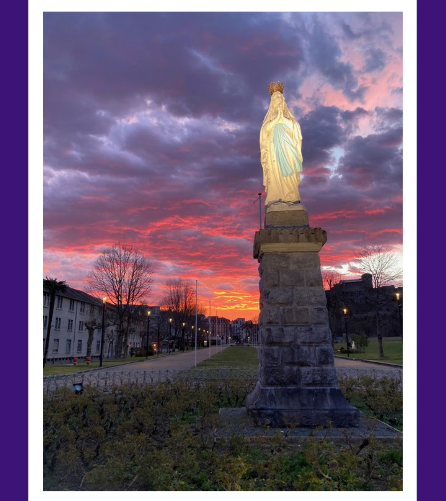 Christian Brothers Academy in Syracuse, NY alumni visits Lourdes. Beautiful Sunset over Our Lady of Lourdes.