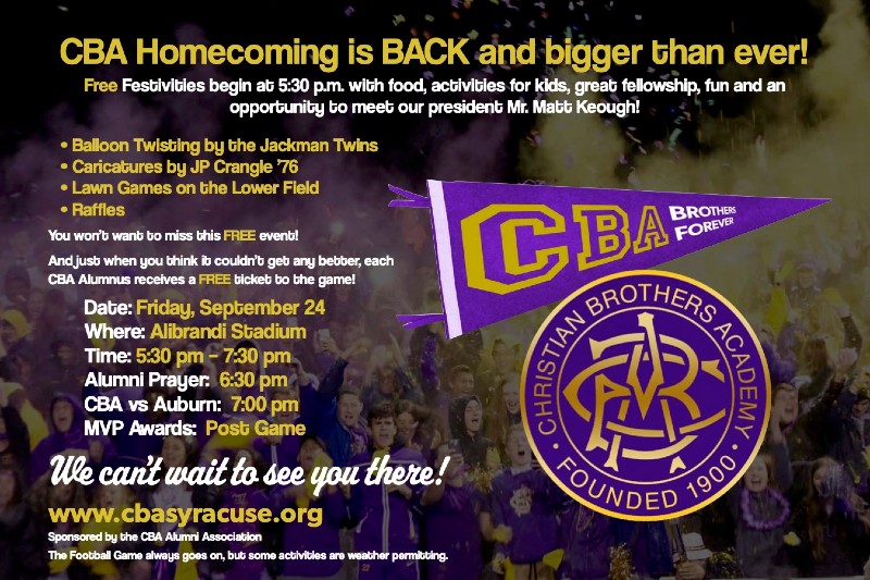 2021 Homecoming Set For Sept. 24 near syracuse ny image of cba homecoming poster
