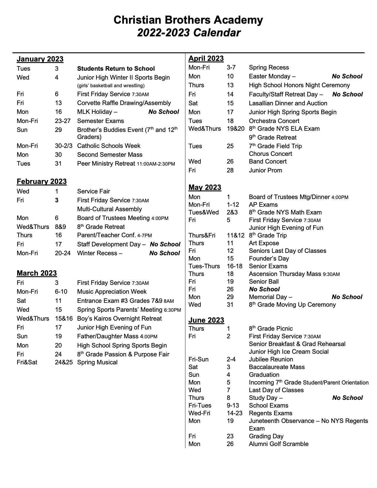 Academic Calendar Christian Brothers Academy (CBA)