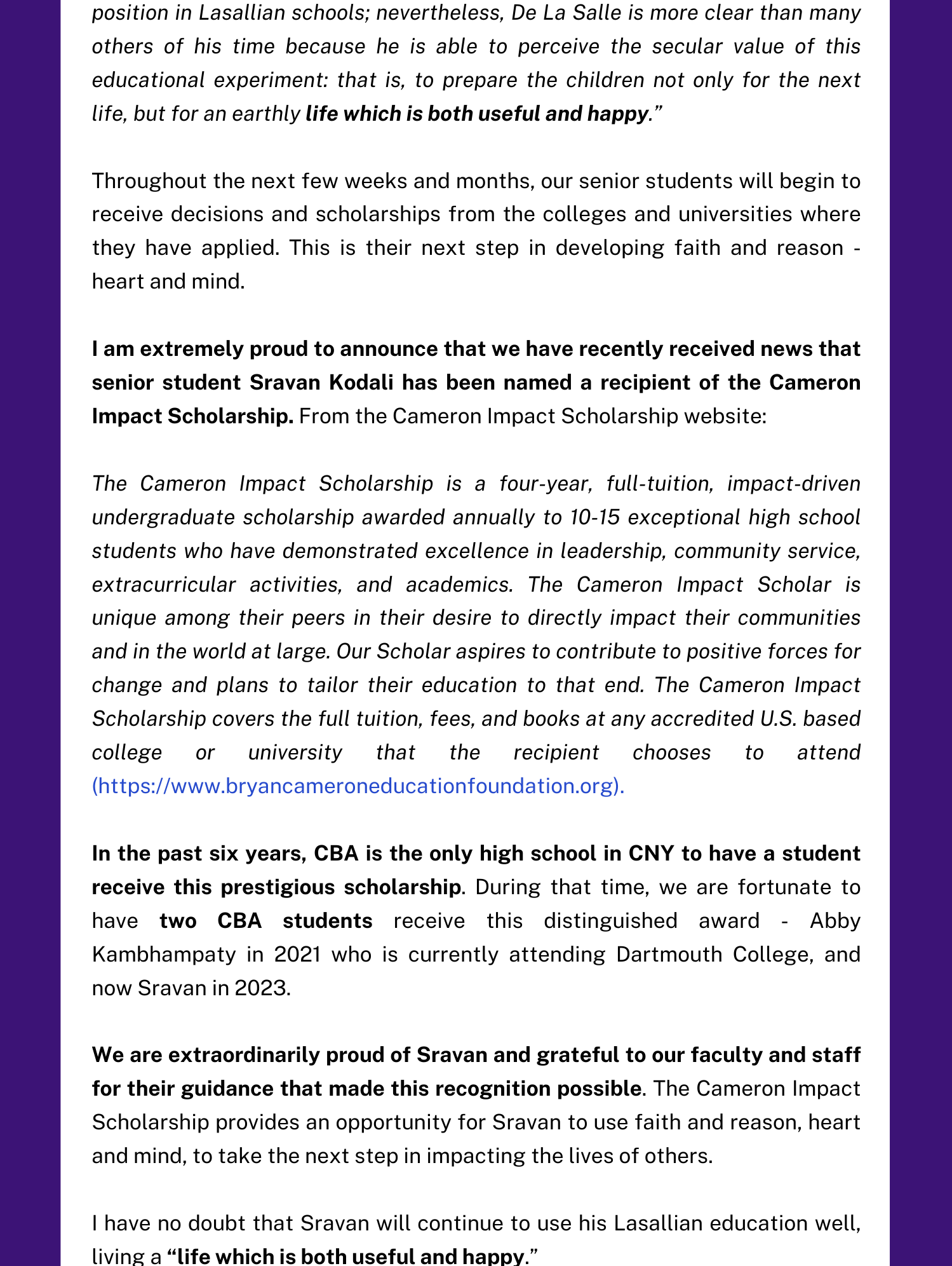 faith reason and exciting news near syracuse ny image of letter to faculty and staff from cba