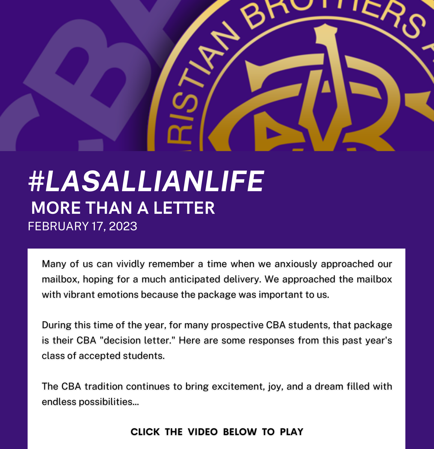 #LasallianLife - More Than a Letter - Christian Brothers Academy - February 17, 2023