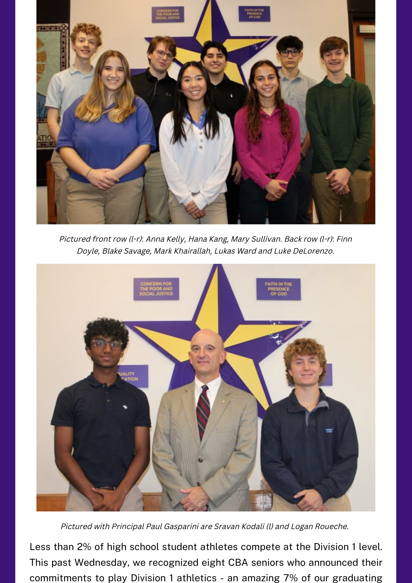 Christian Brothers Academy Syracuse, NY Private School recognize Nation Merit commended students and student athletes announcing commitments to playing Division 1 athletics.
