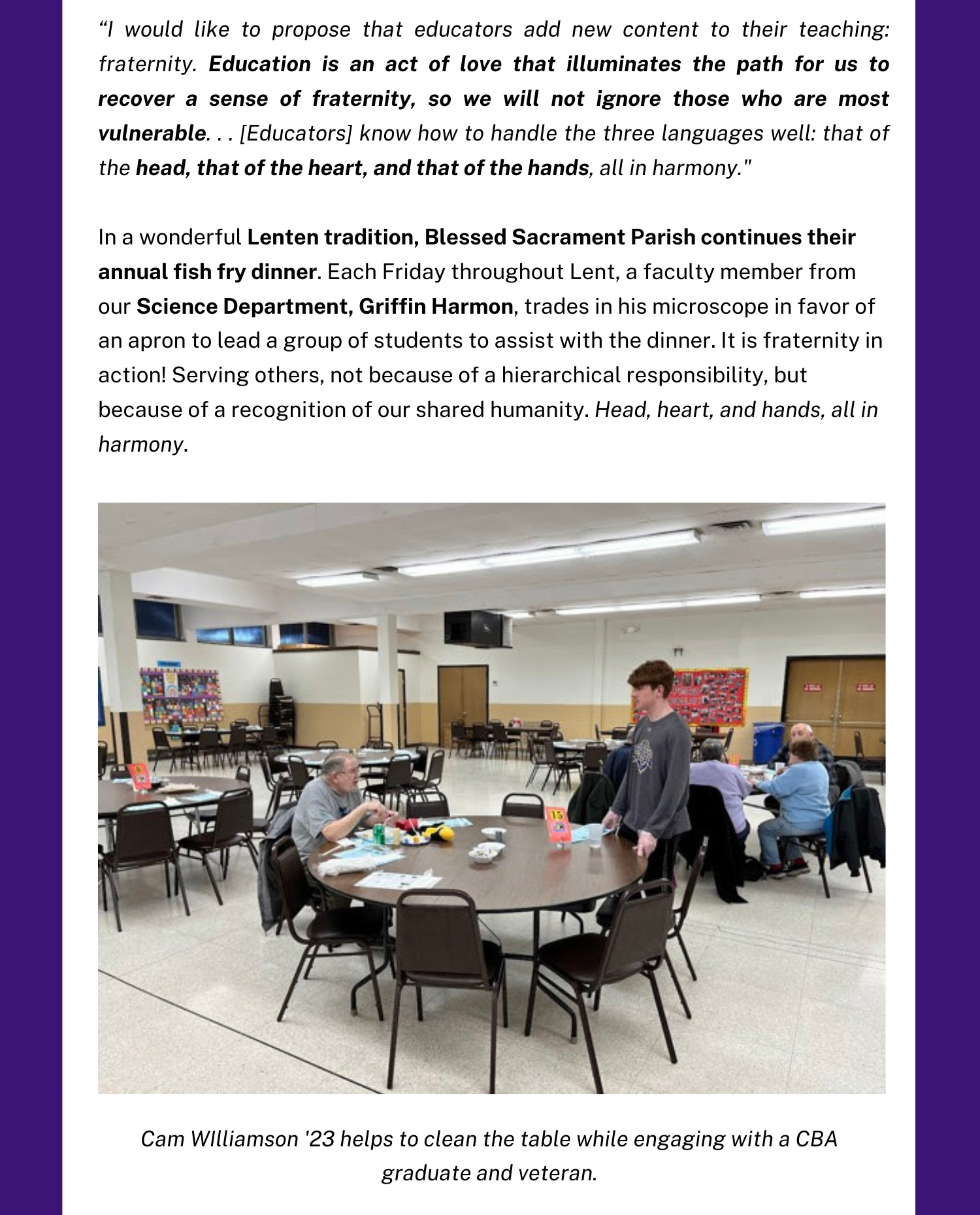 Christian Brothers Academy in Syracuse, NY student helps to clean the table while engaging with CBA graduate and military veteran.