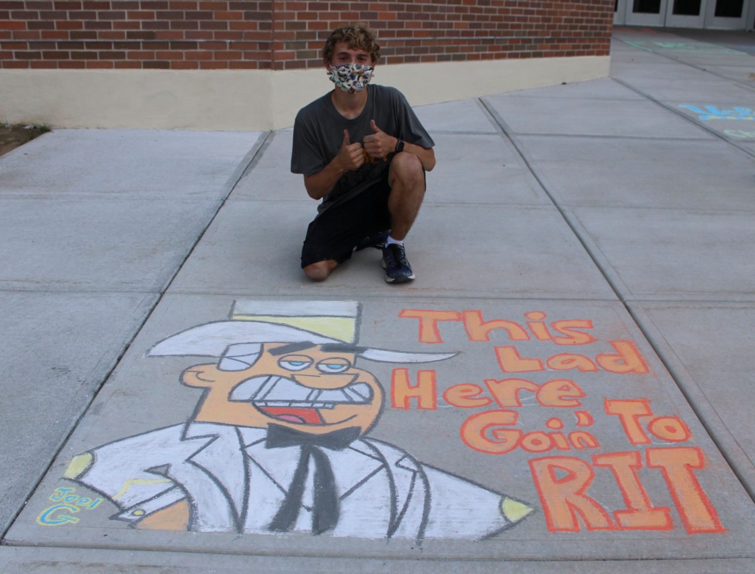 joel g sidewalk chalk drawing this lad here goin to rit from cba class of 2020 graduation