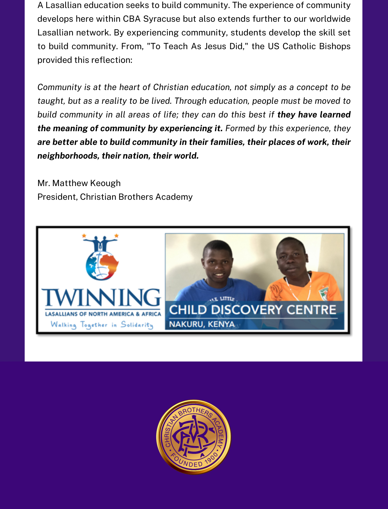 Christian Brothers Academy in Syracuse, NY,  building community with sister school in Nakuru, Kenya.