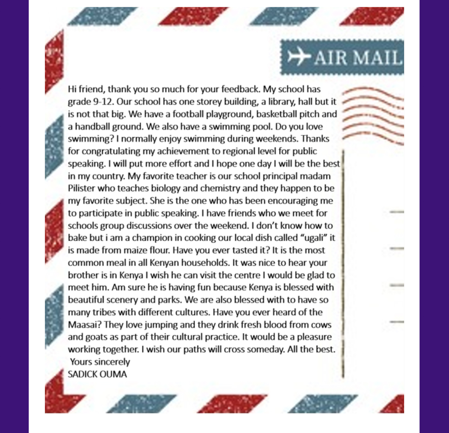 Christian Brothers Academy in Syracuse, NY,  receives correspondence from students from their sister school in Nakuru, Kenya.