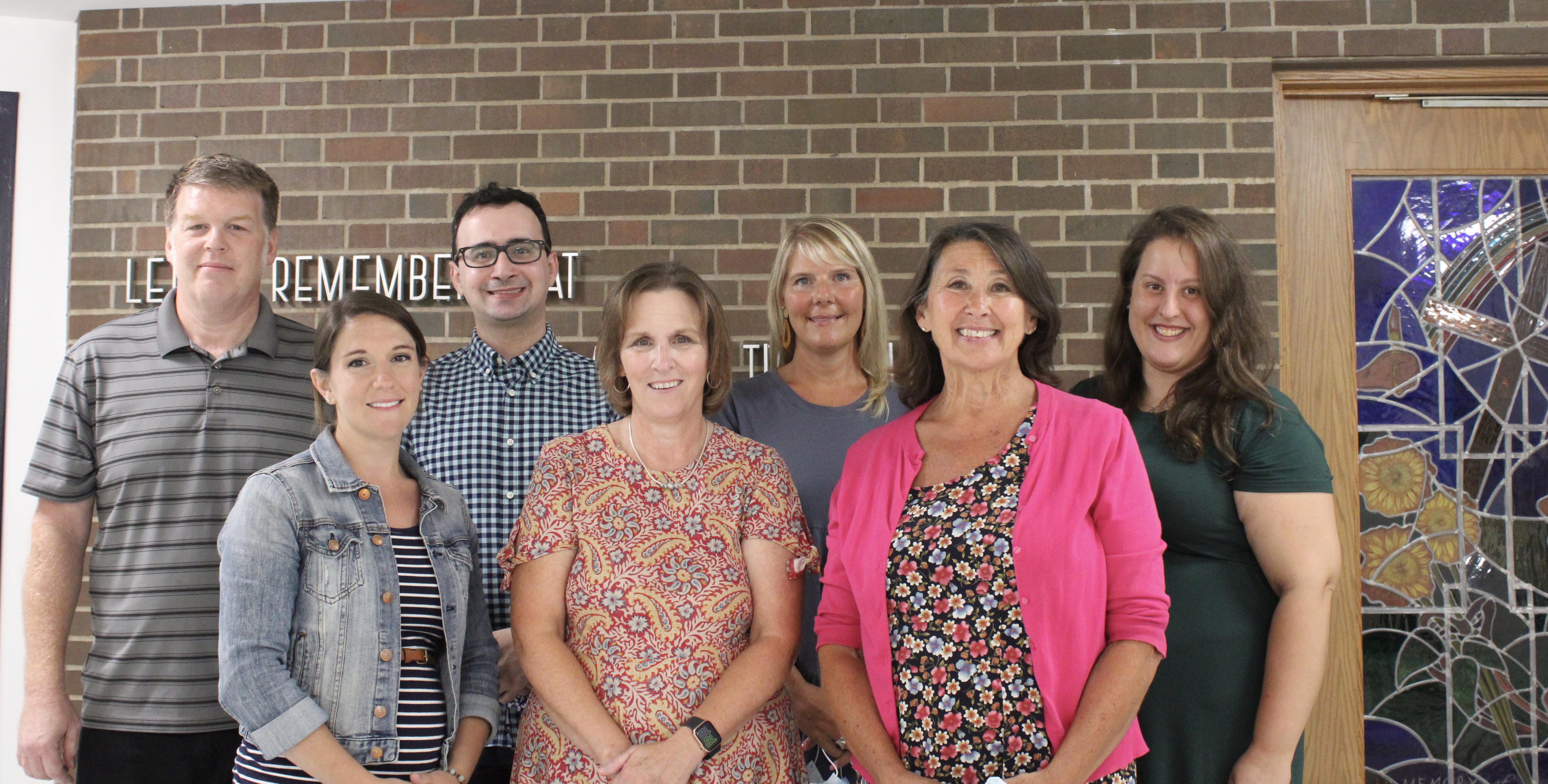 CBA welcomed new teachers for a two-day orientation last week.   Pictured front (l-r): Ali Scullion (Guidance); Laura Burnett (Guidance); Brenda Reichert (Guidance, long-term sub). Back row (l-r): Patrick McCool (IT); David Bernardone (Math, long-term sub); Tammy Gunn (Religion, long-term sub); and Rachel Carey (Science).  Missing from photo: Greg Sweeney (Math)