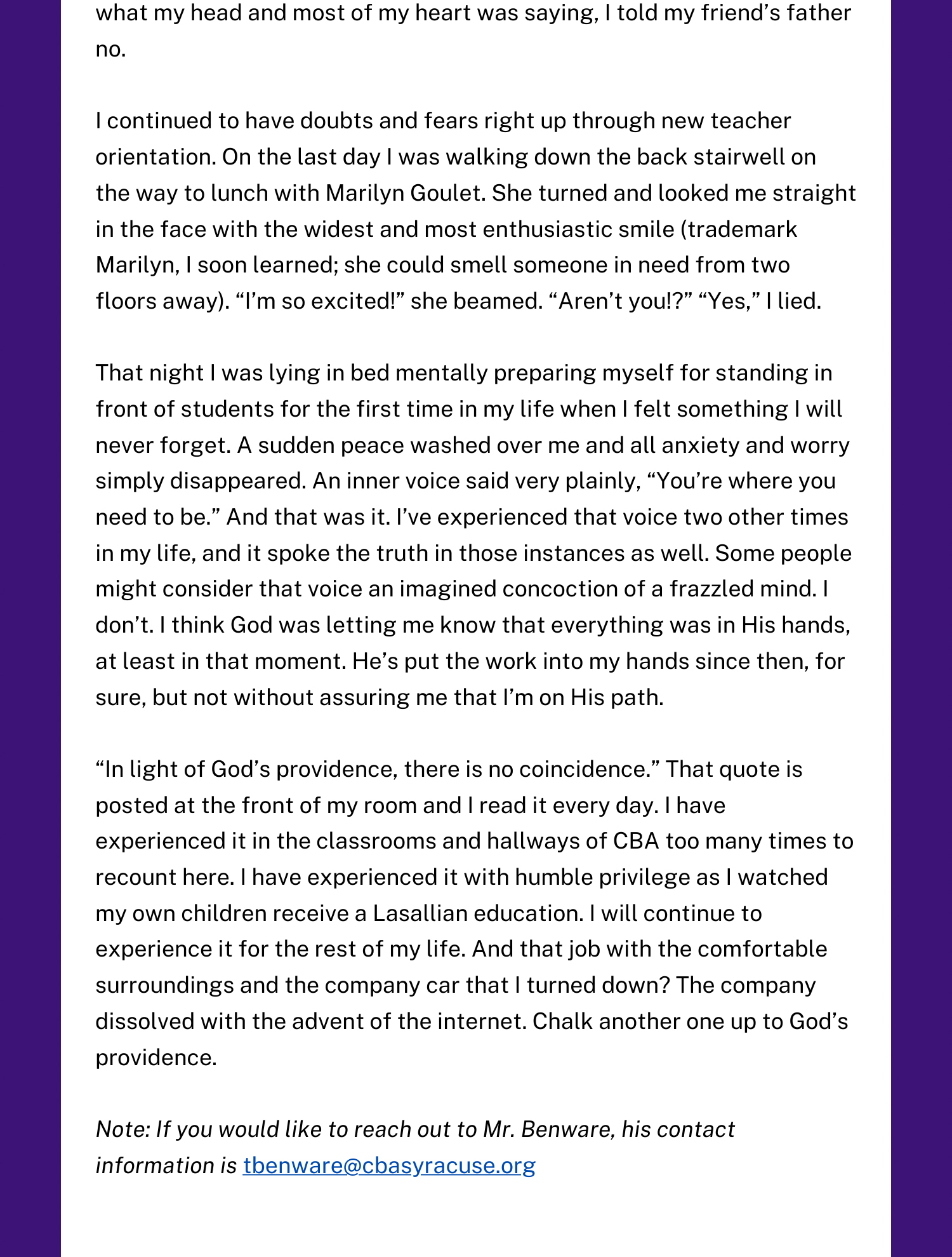 CBA Syracuse, NY teacher, Todd Benware, shares his story entitled "There are No Coincidences"