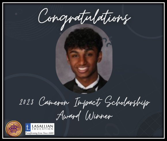 Christian Brothers Academy recognizes Sravan K. - 2023 Cameron Impact Scholarship Award Winner