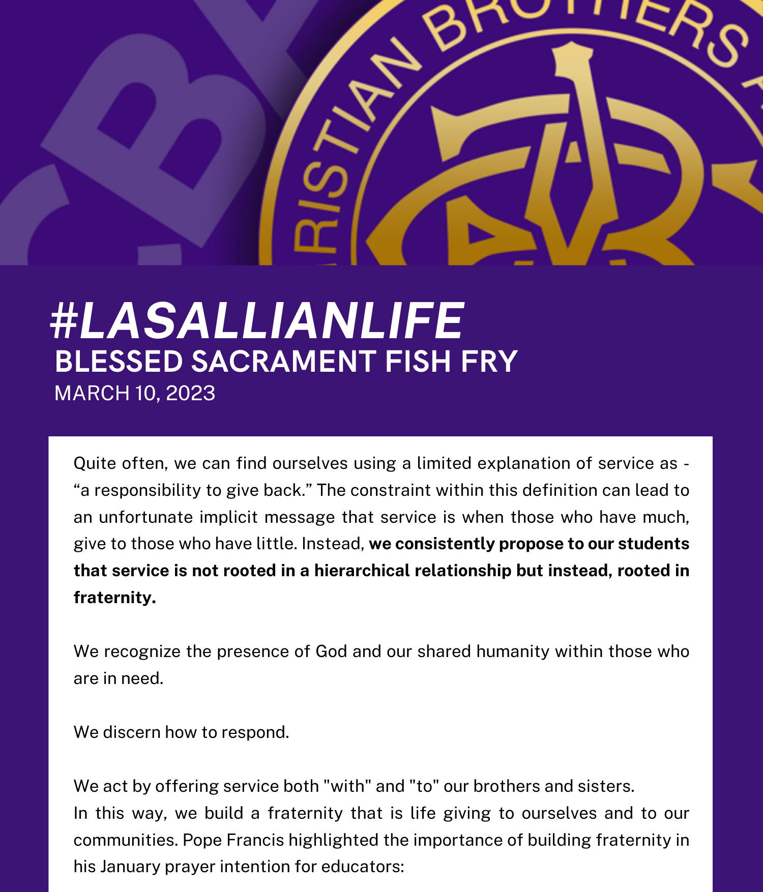 #LasallianLife : Blessed Sacrament Fish Fry - March 10, 2022 - Christian Brothers Academy in Syracuse, NY