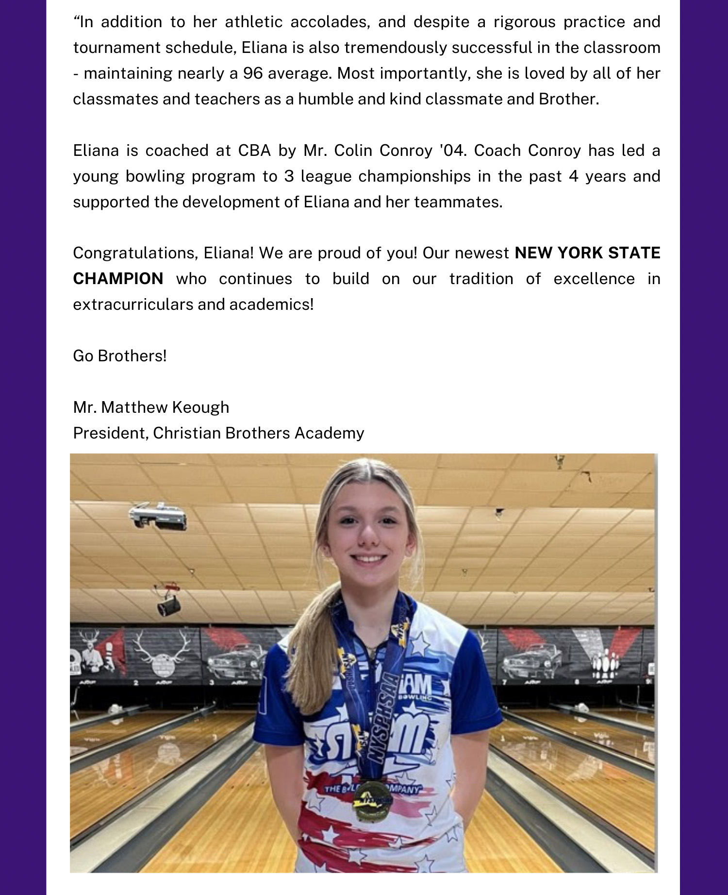 Christian Brothers Academy in Syracuse, NY student Eliana Occhino is NYS girls Bowling Champion!