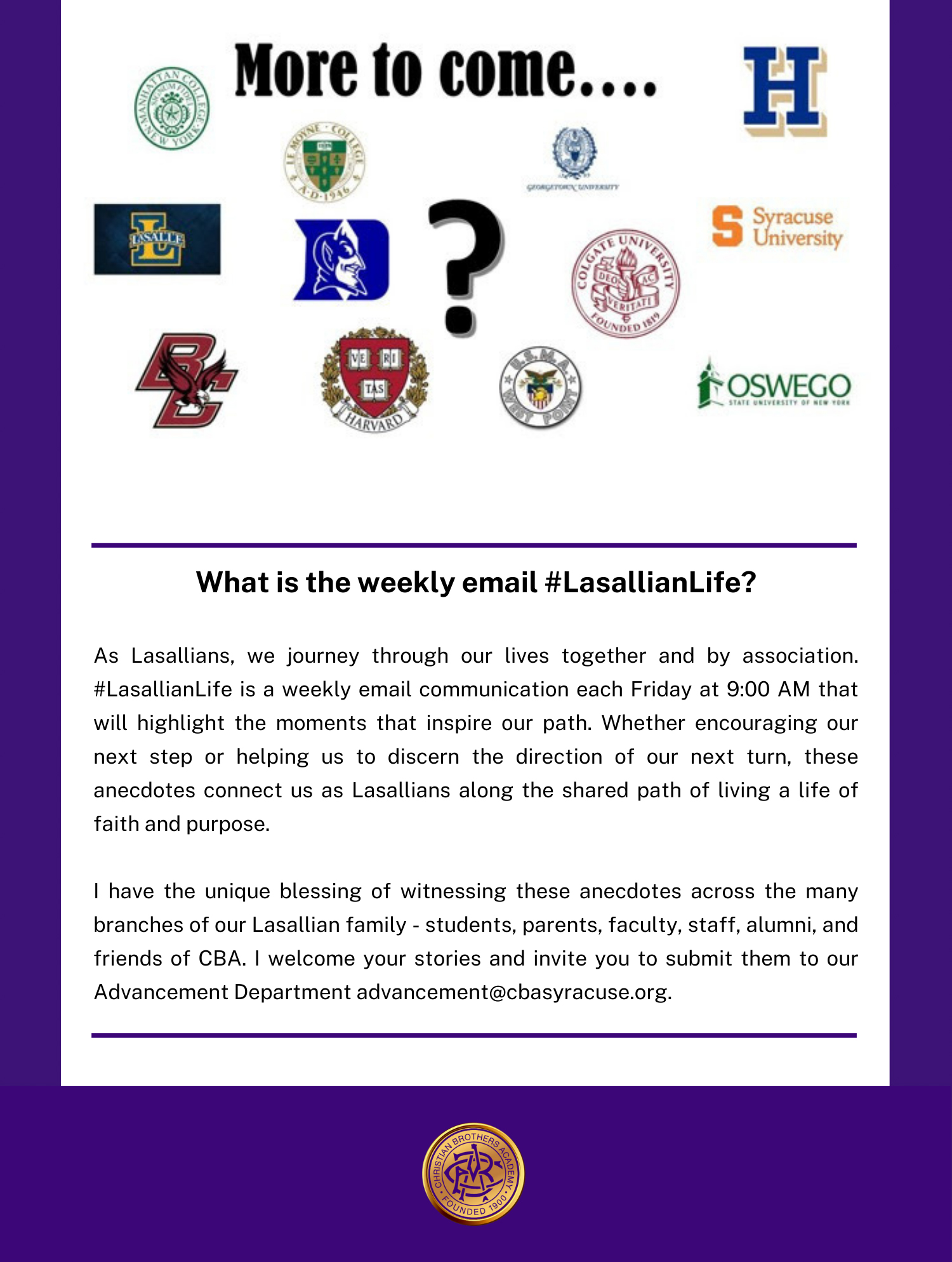 The seniors of Christian Brothers Academy in Syracuse New York celebrate National College Decision Day on May 1, 2023 but there is more to come! Share your stories with our advancement team to be featured on #LasallianLife.