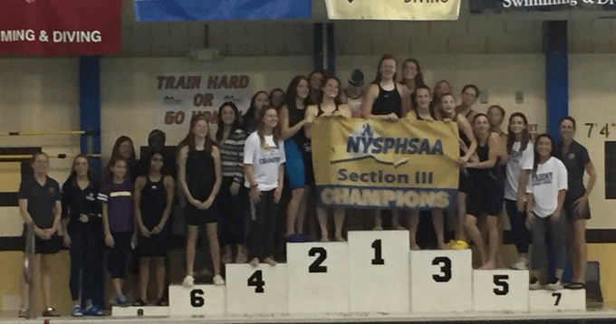 nysphsaa section 3 girls swimming and diving championship image of team holding championship banner on winners podium